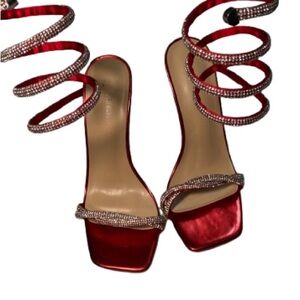 Wild Diva Red Spiral Rhinestone Strap Heels